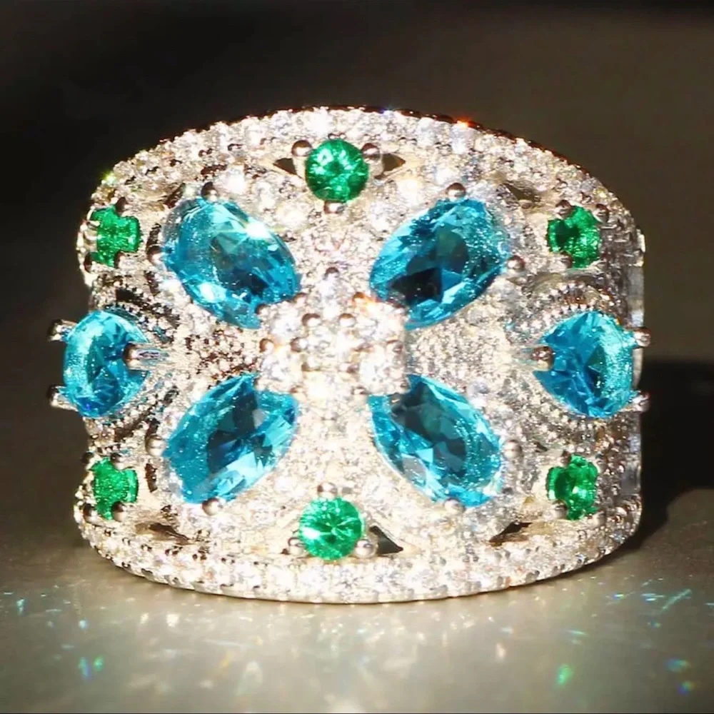 925 Silver Blue Green Zircon Statement Ring